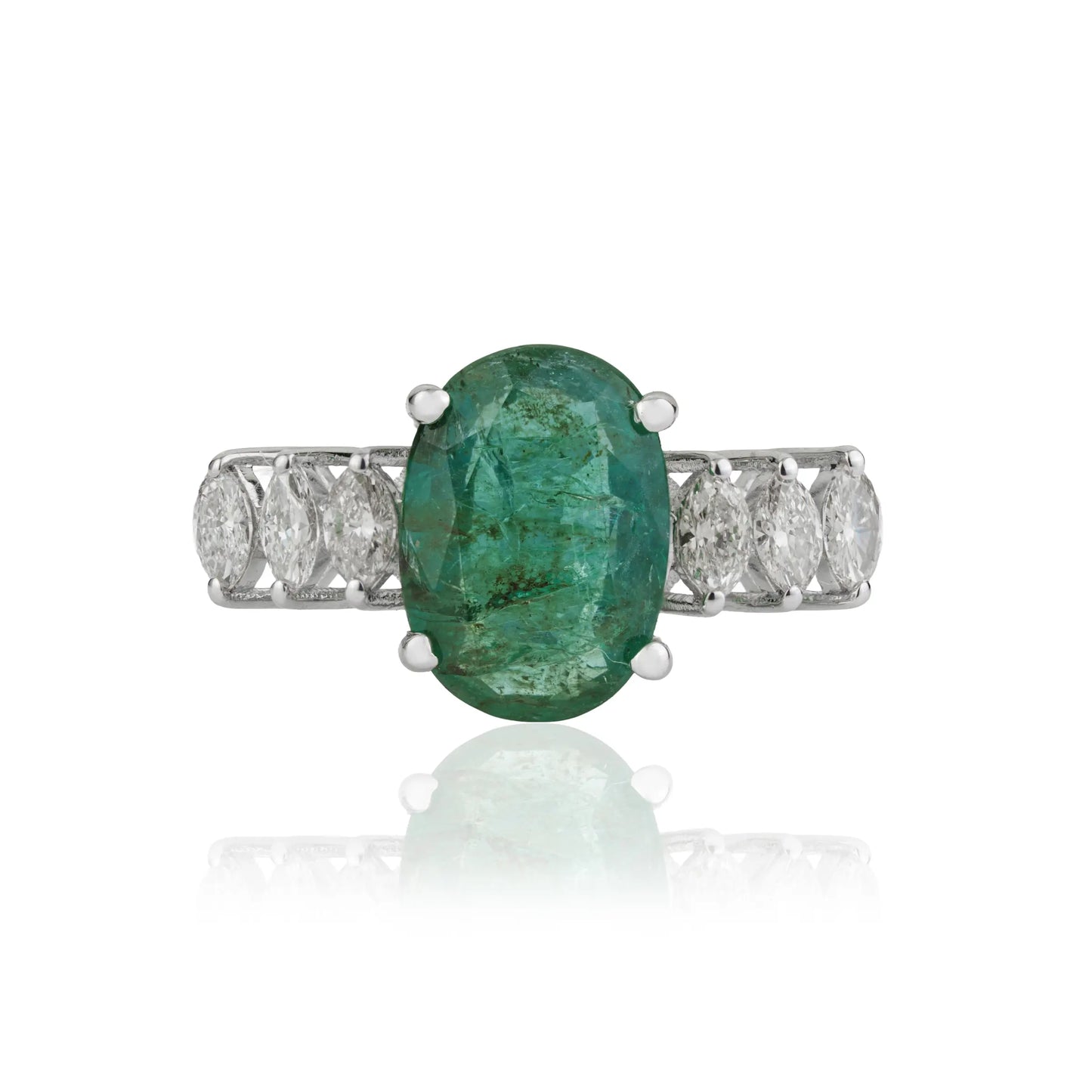 2.54 CT Natural Oval Emerald & Marquise Cut Diamond Statement 925 Silver Ring For Women's