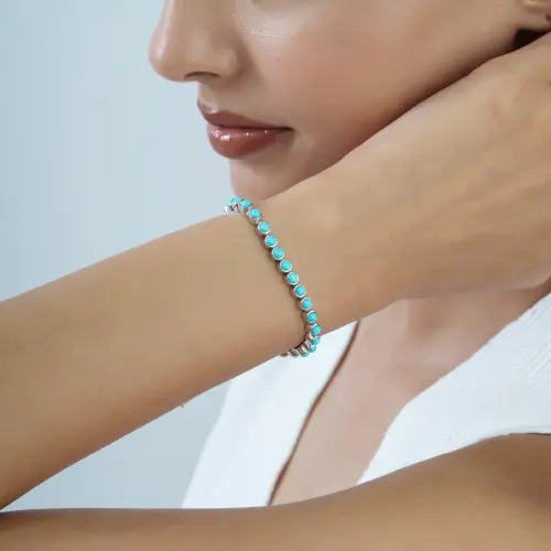Handmade 925 Sterling Silver Round Shape Authentic Turquoise Gemstone Tennis Bracelet