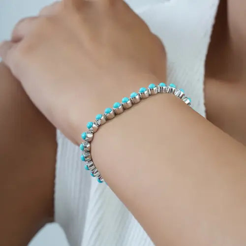 Handmade 925 Sterling Silver Round Shape Authentic Turquoise Gemstone Tennis Bracelet
