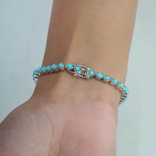 Handmade 925 Sterling Silver Round Shape Authentic Turquoise Gemstone Tennis Bracelet