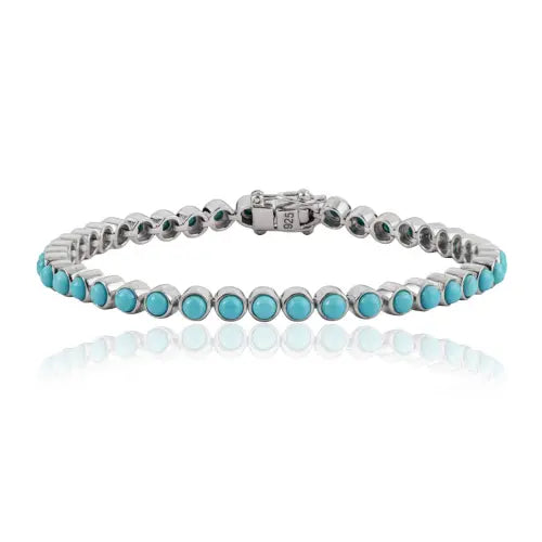 Handmade 925 Sterling Silver Round Shape Authentic Turquoise Gemstone Tennis Bracelet