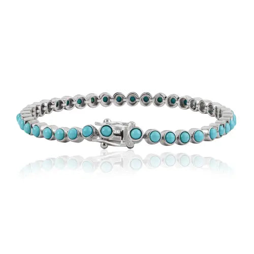 Handmade 925 Sterling Silver Round Shape Authentic Turquoise Gemstone Tennis Bracelet