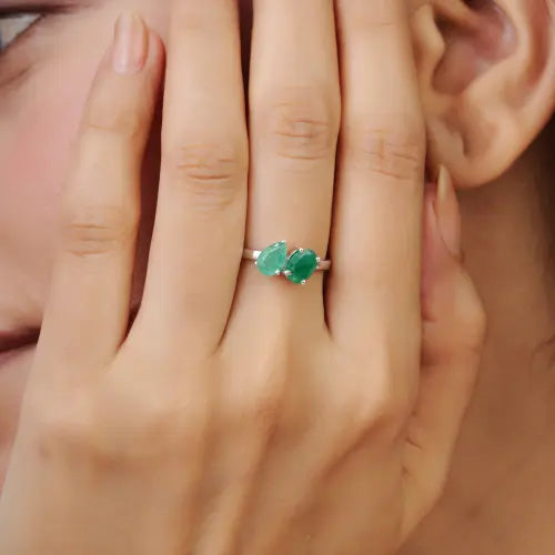 Stunning 925 Sterling Silver Real Emerald Gemstone Toi et Moi Ring Minimal Everyday Wear Jewelry