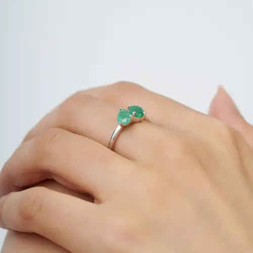 Stunning 925 Sterling Silver Real Emerald Gemstone Toi et Moi Ring Minimal Everyday Wear Jewelry