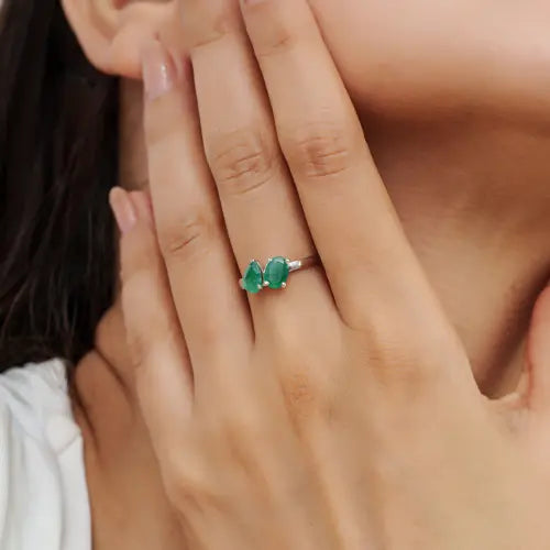 Stunning 925 Sterling Silver Real Emerald Gemstone Toi et Moi Ring Minimal Everyday Wear Jewelry