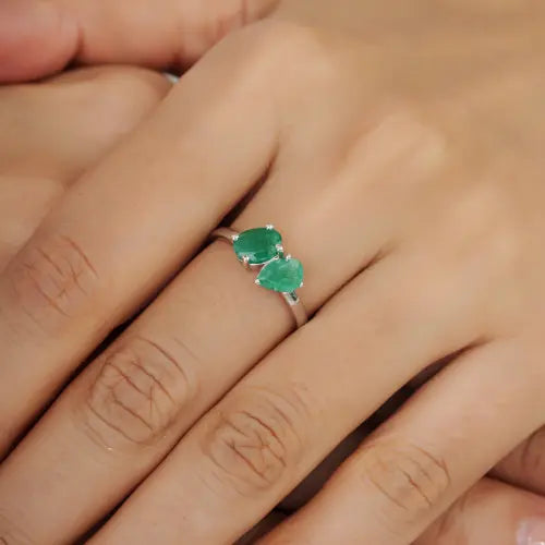 Stunning 925 Sterling Silver Real Emerald Gemstone Toi et Moi Ring Minimal Everyday Wear Jewelry