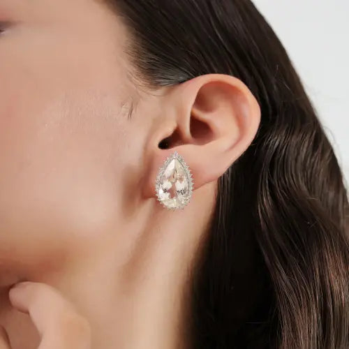 Beautiful Pear Cut Natural Kunzite Gemstone & Diamond Cluster 925 Silver Stud Earrings