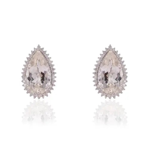 Beautiful Pear Cut Natural Kunzite Gemstone & Diamond Cluster 925 Silver Stud Earrings