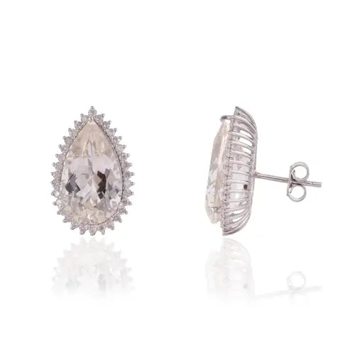 Beautiful Pear Cut Natural Kunzite Gemstone & Diamond Cluster 925 Silver Stud Earrings