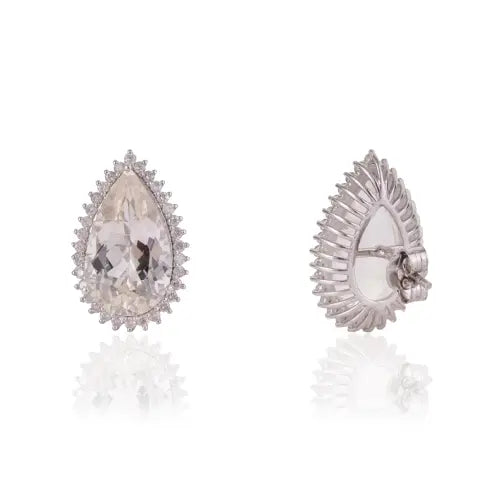 Beautiful Pear Cut Natural Kunzite Gemstone & Diamond Cluster 925 Silver Stud Earrings