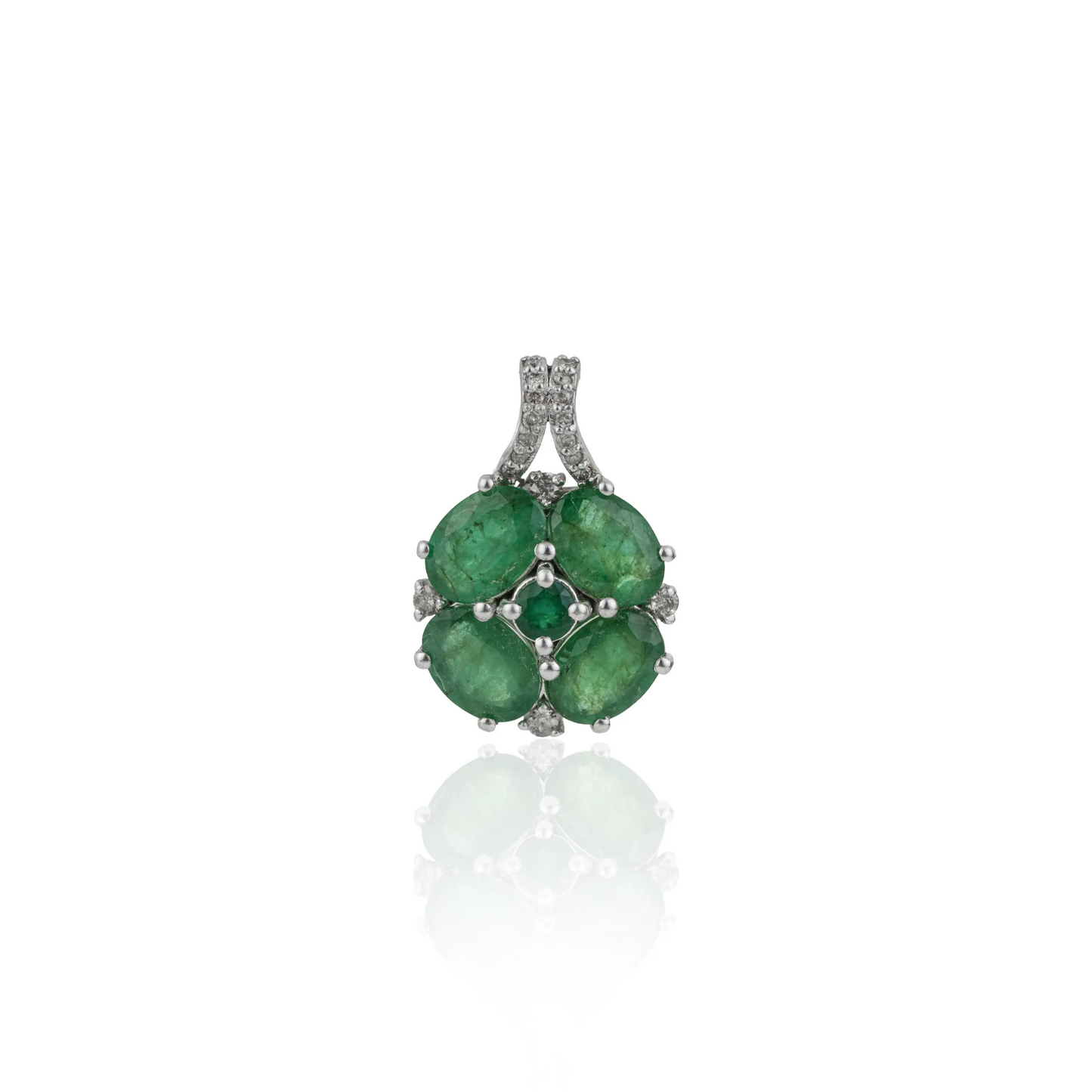 Stunning 925 Sterling Silver Oval Emerald & Diamond Cluster Fine Pendant Jewelry