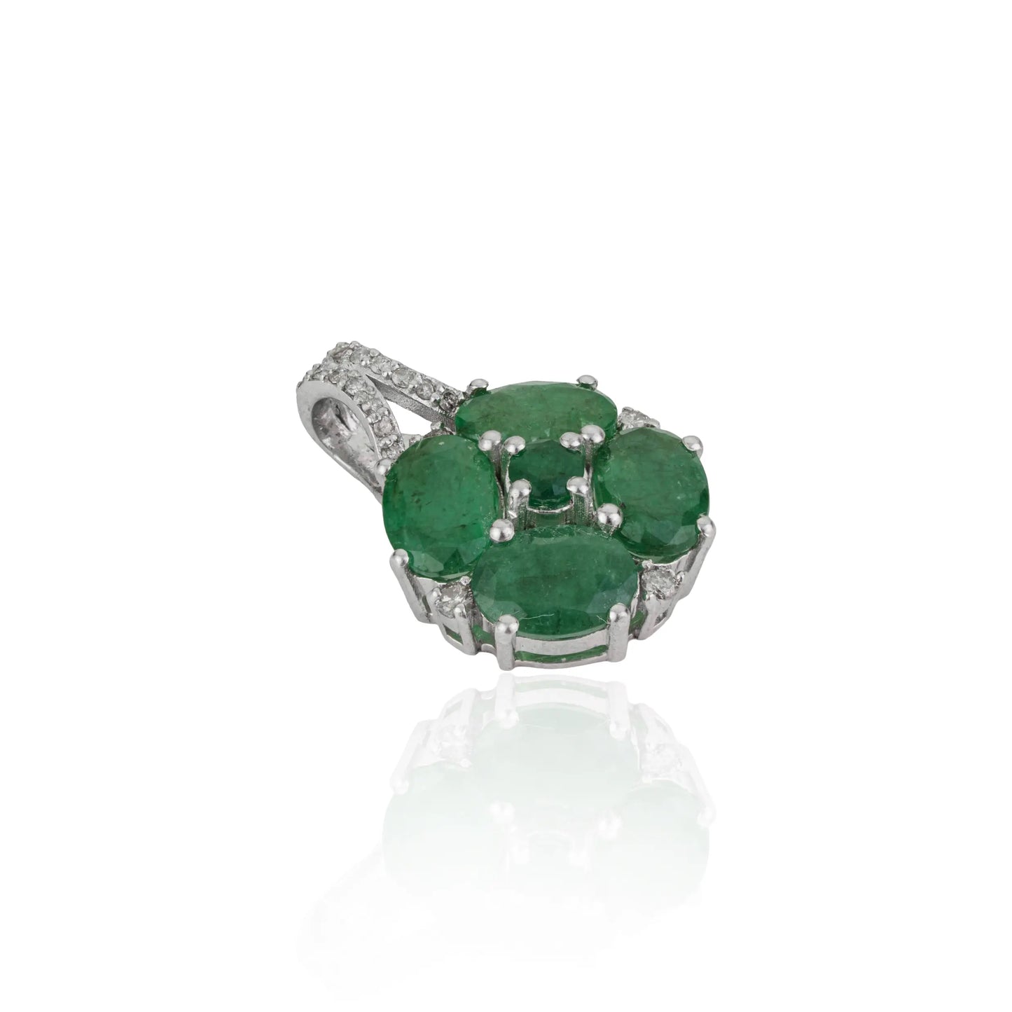 Stunning 925 Sterling Silver Oval Emerald & Diamond Cluster Fine Pendant Jewelry