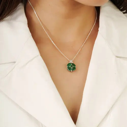Stunning 925 Sterling Silver Oval Emerald & Diamond Cluster Fine Pendant Jewelry