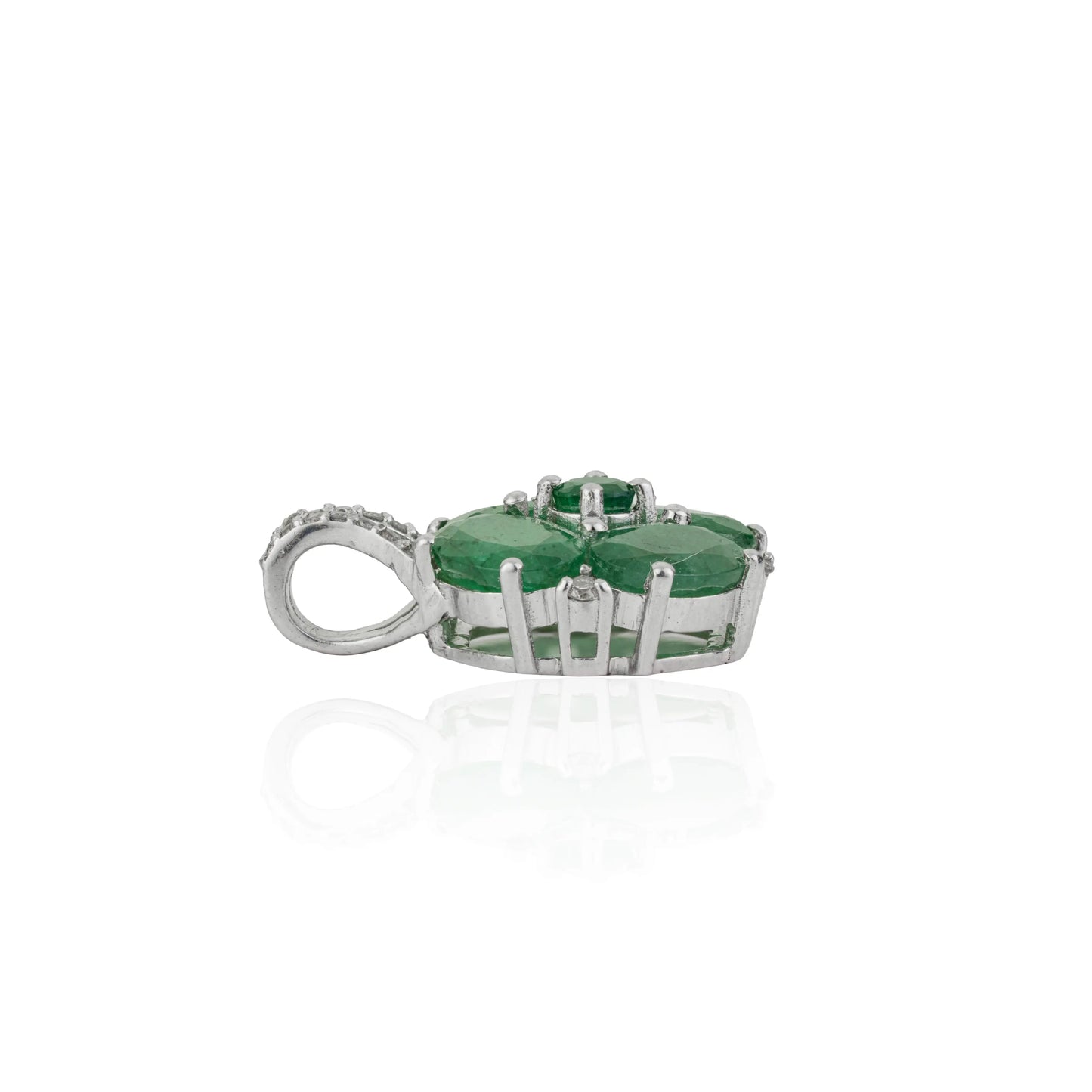 Stunning 925 Sterling Silver Oval Emerald & Diamond Cluster Fine Pendant Jewelry