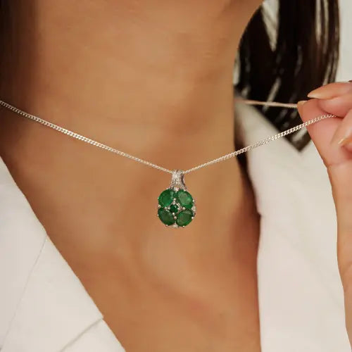 Stunning 925 Sterling Silver Oval Emerald & Diamond Cluster Fine Pendant Jewelry