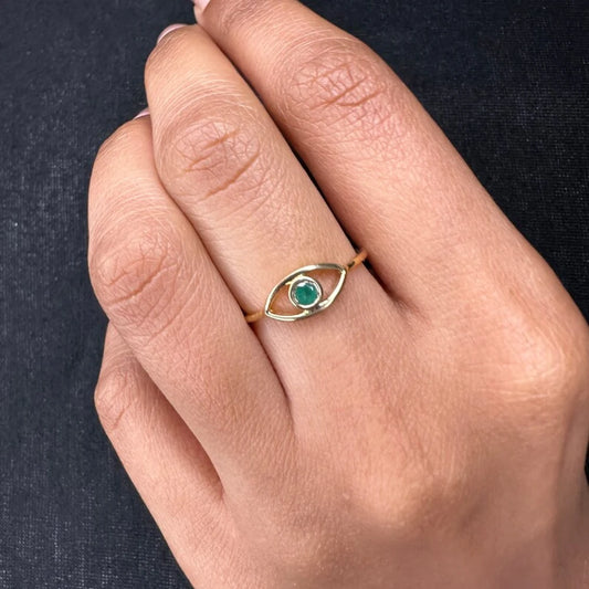 Minimalist Natural Precious Gemstone Emerald 18K Fine Yellow Gold Evil Eye Ring