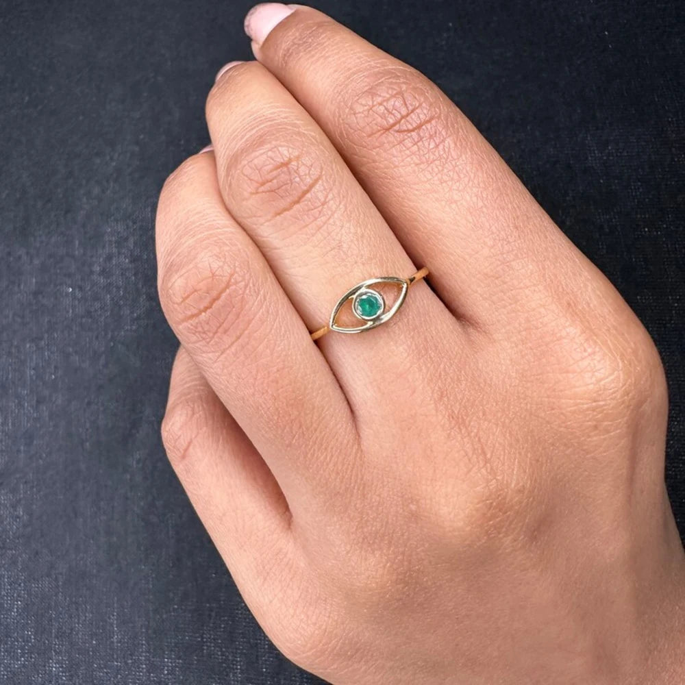 Minimalist Natural Precious Gemstone Emerald 18K Fine Yellow Gold Evil Eye Ring