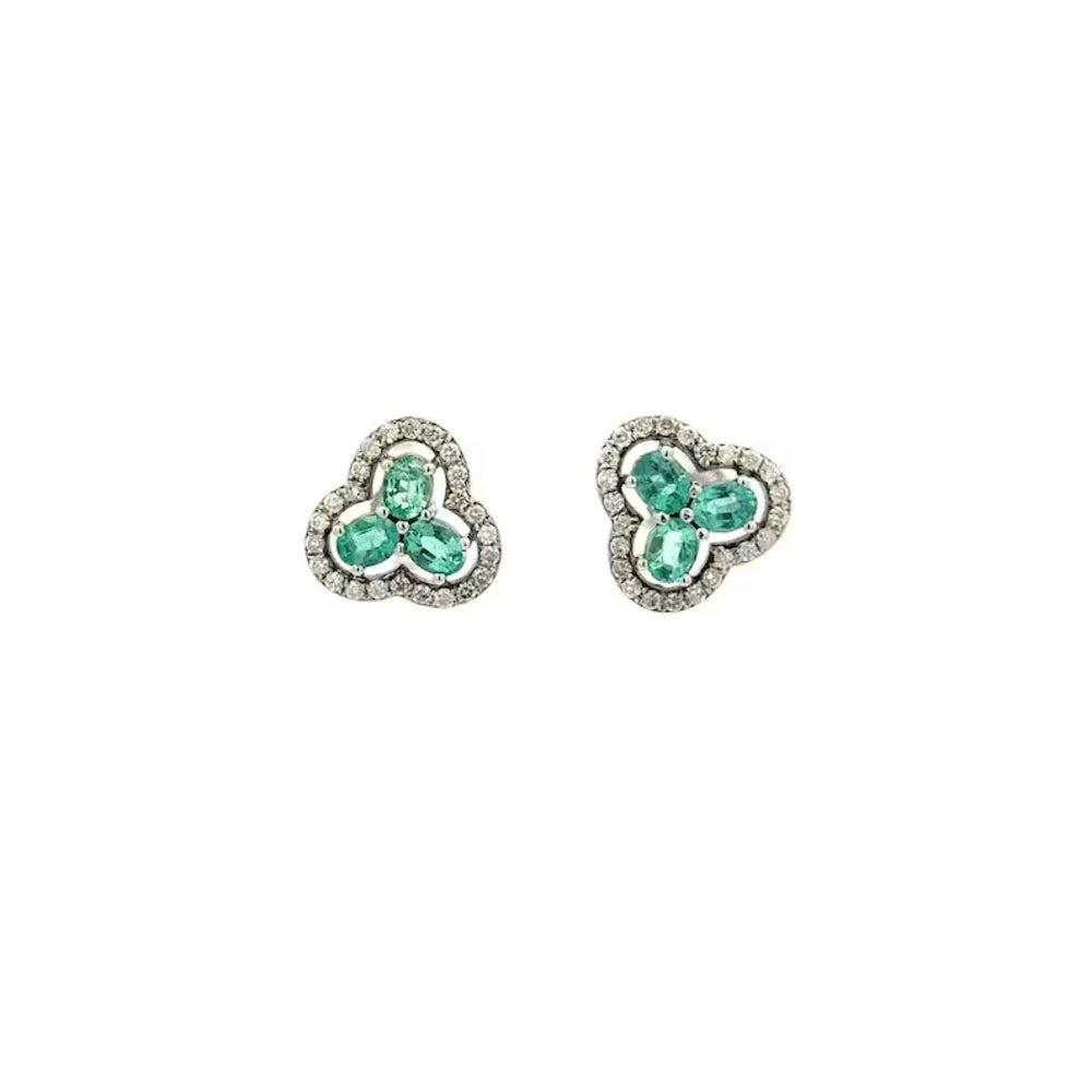 Minimal Jewelry Natural Emerald & Diamond 14K White Gold Three Stone Earring