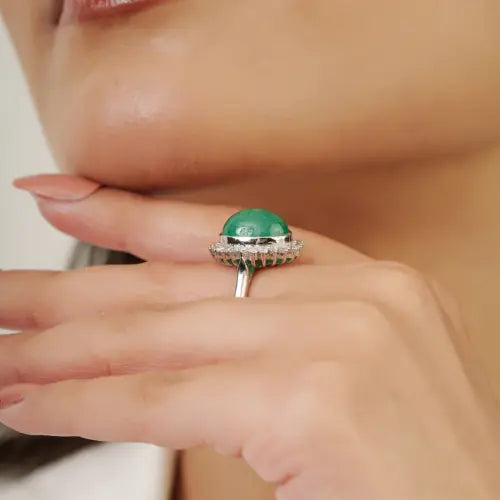 8.8ct. Natural Oval Shape Emerald & Diamond 925 Sterling Silver Cluster Ring For Women