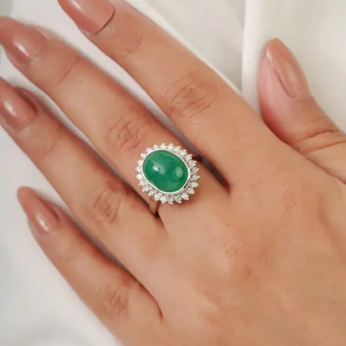 8.8ct. Natural Oval Shape Emerald & Diamond 925 Sterling Silver Cluster Ring For Women