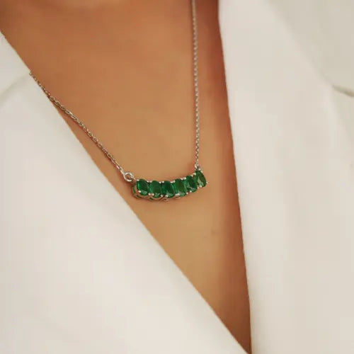 925 Sterling Silver Trendy Natural Emerald Curved Bar Pendant Necklace For Women's