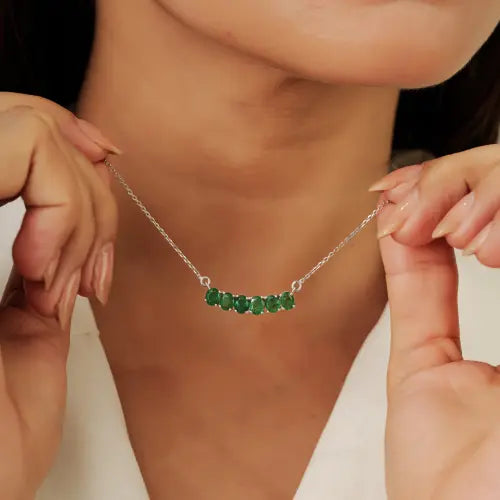 925 Sterling Silver Trendy Natural Emerald Curved Bar Pendant Necklace For Women's