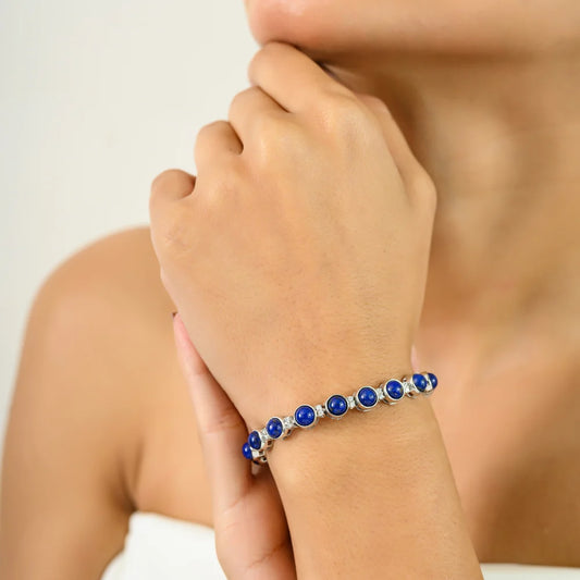 100% Authentic Blue Lapis & American Diamond Tennis Bracelet For Birthday Gift Customized Silver Jewelry
